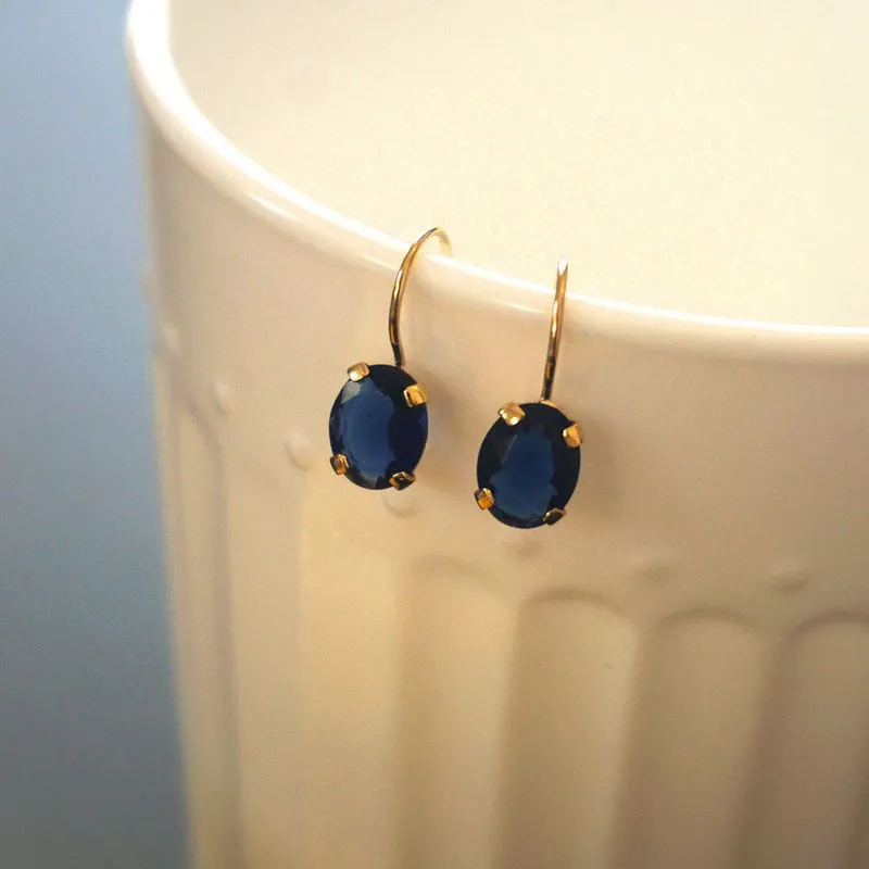 14K Yellow Gold Oval Blue Cubic Zirconia 6X8mm Dangle Earrings