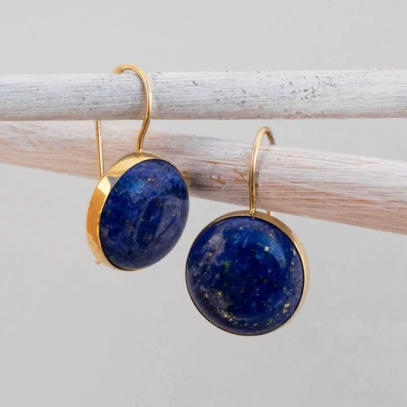 14K Yellow Gold Round Blue Lapis Lazuli 12mm Dangle Earrings