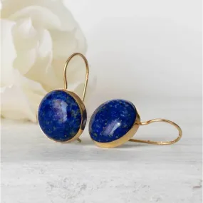 14K Yellow Gold Round Blue Lapis Lazuli 12mm Dangle Earrings