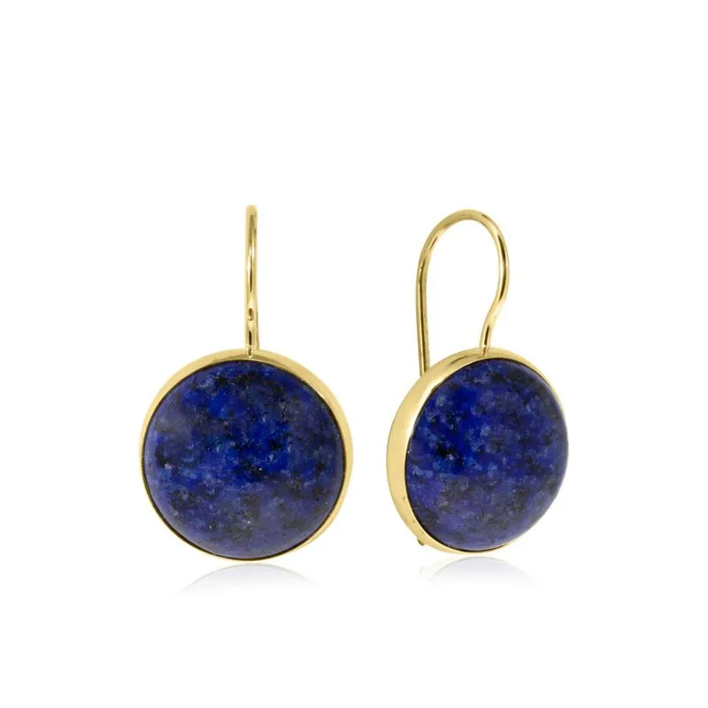 14K Yellow Gold Round Blue Lapis Lazuli 12mm Dangle Earrings