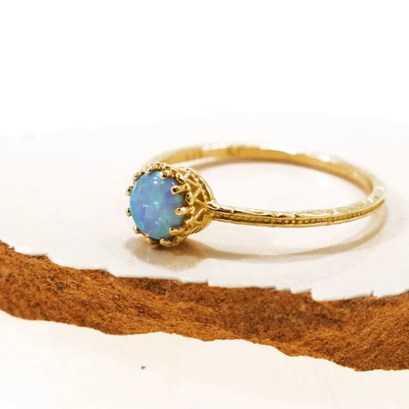 14K Yellow Gold Round Blue Opal 5mm Ring