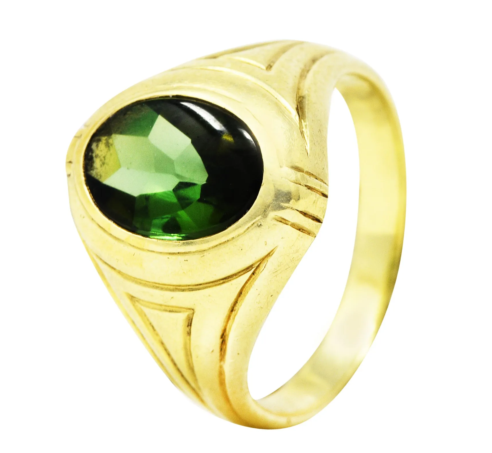 1930's Jones & Woodland Green Tourmaline 14 Karat Green Gold Unisex Signet Ring