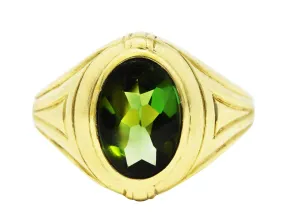 1930's Jones & Woodland Green Tourmaline 14 Karat Green Gold Unisex Signet Ring