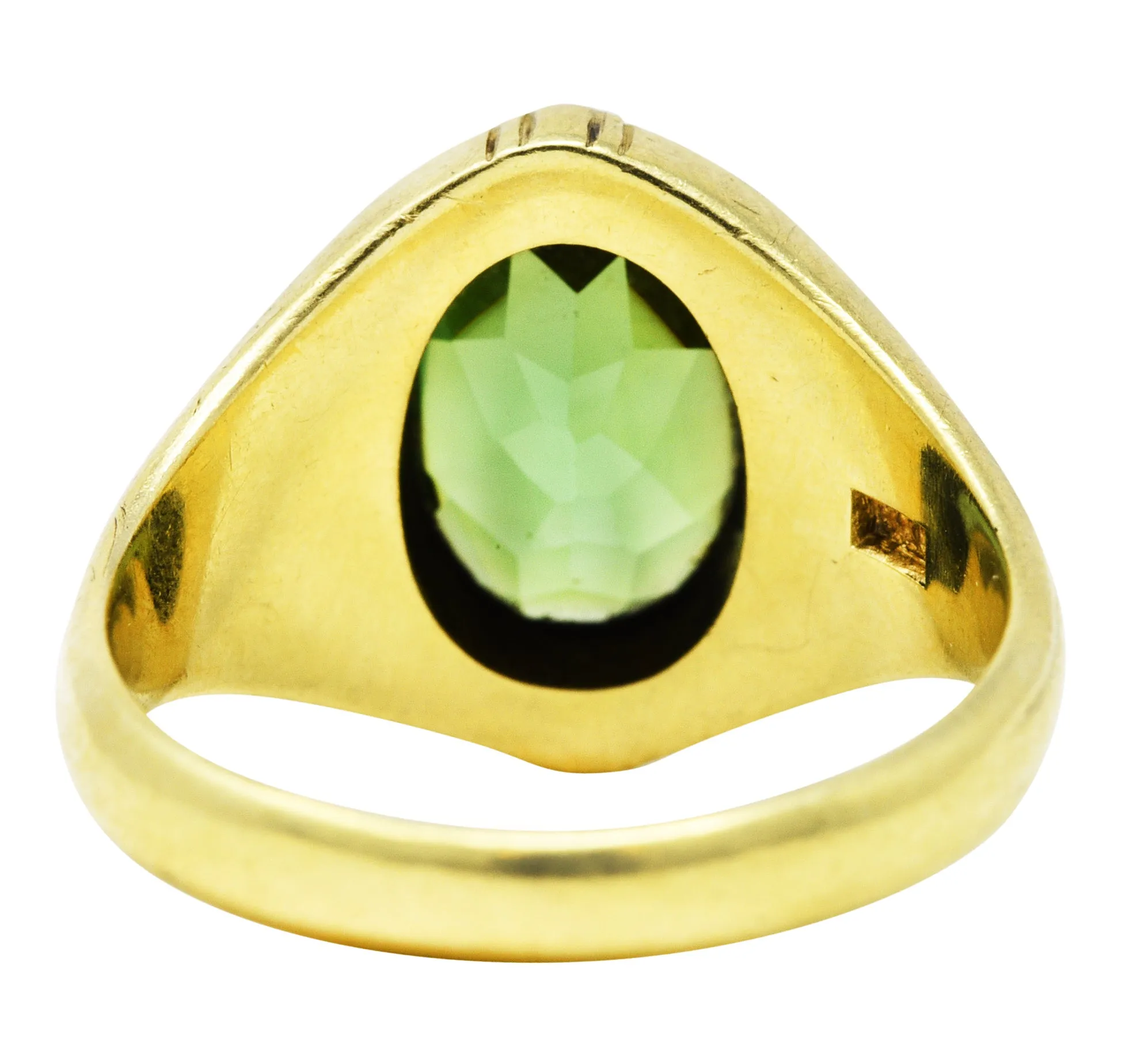 1930's Jones & Woodland Green Tourmaline 14 Karat Green Gold Unisex Signet Ring