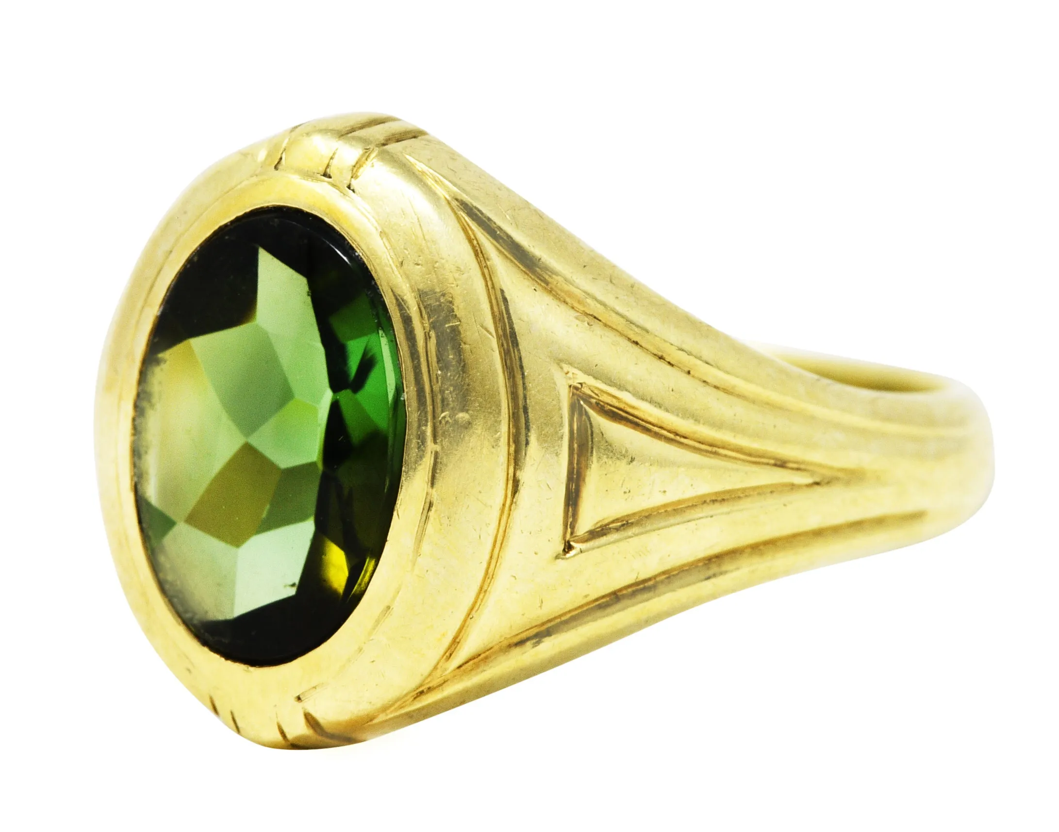 1930's Jones & Woodland Green Tourmaline 14 Karat Green Gold Unisex Signet Ring