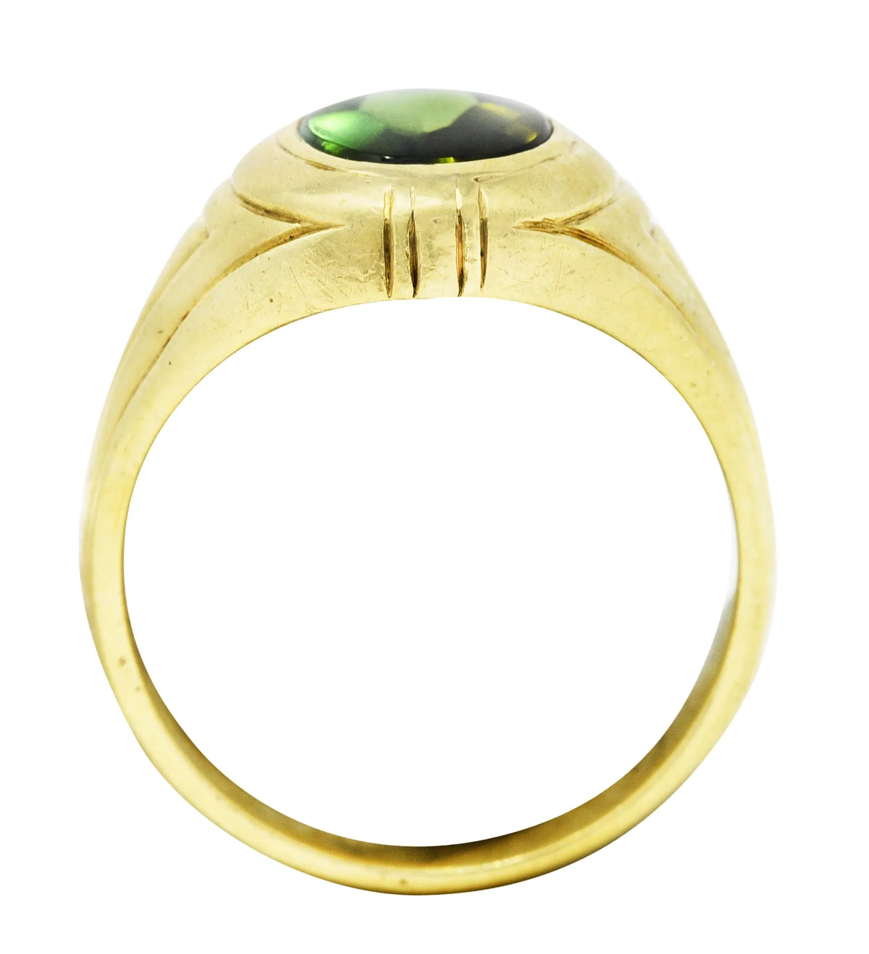 1930's Jones & Woodland Green Tourmaline 14 Karat Green Gold Unisex Signet Ring