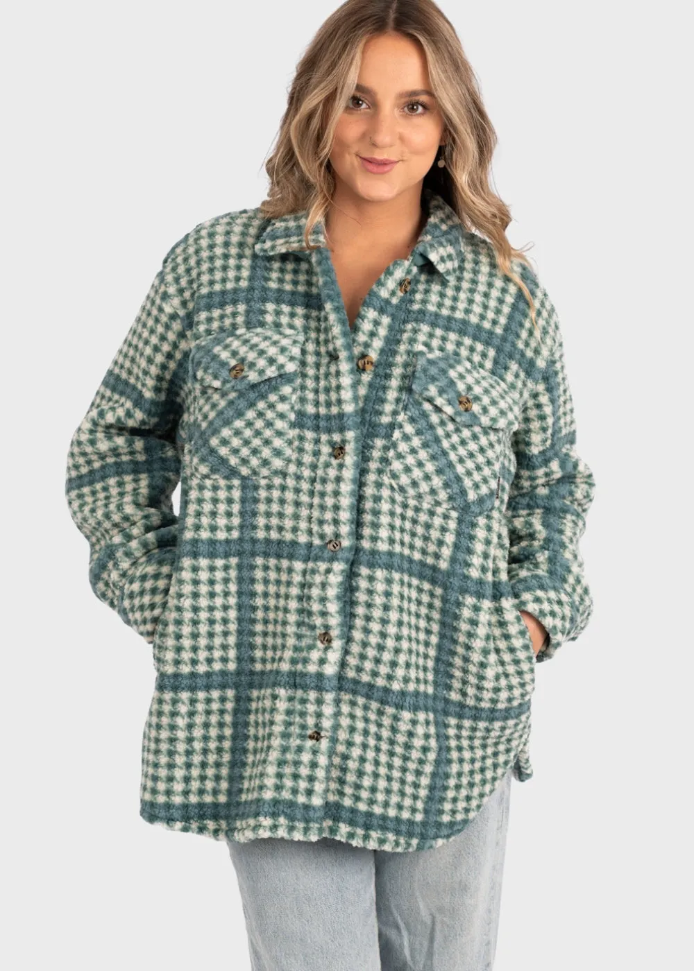 Akino Green Check Teddy Fleece Shacket