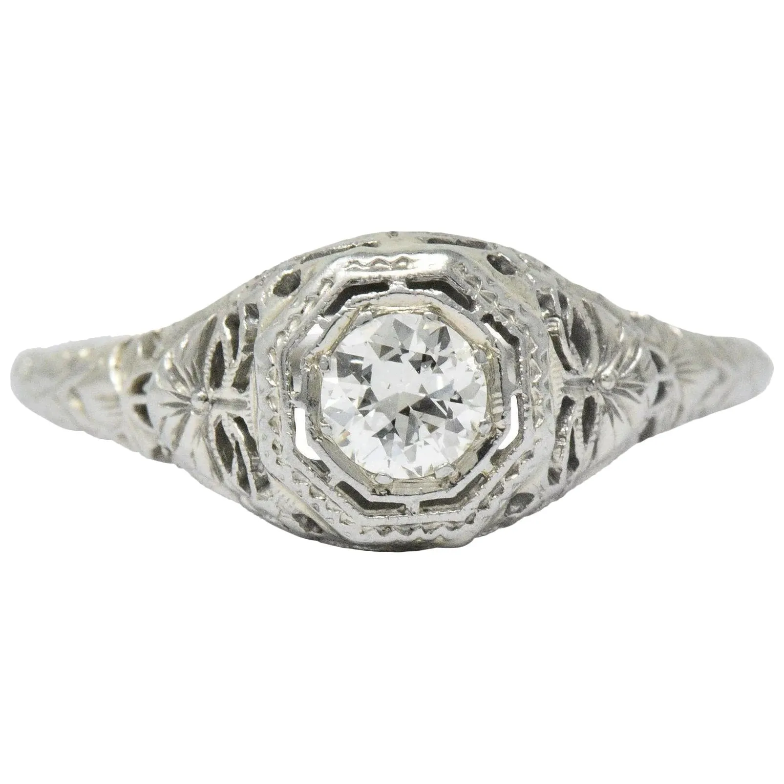 Art Deco 0.35 CTW Diamond 14 Karat White Gold Foliate Engagement Ring Circa 1930