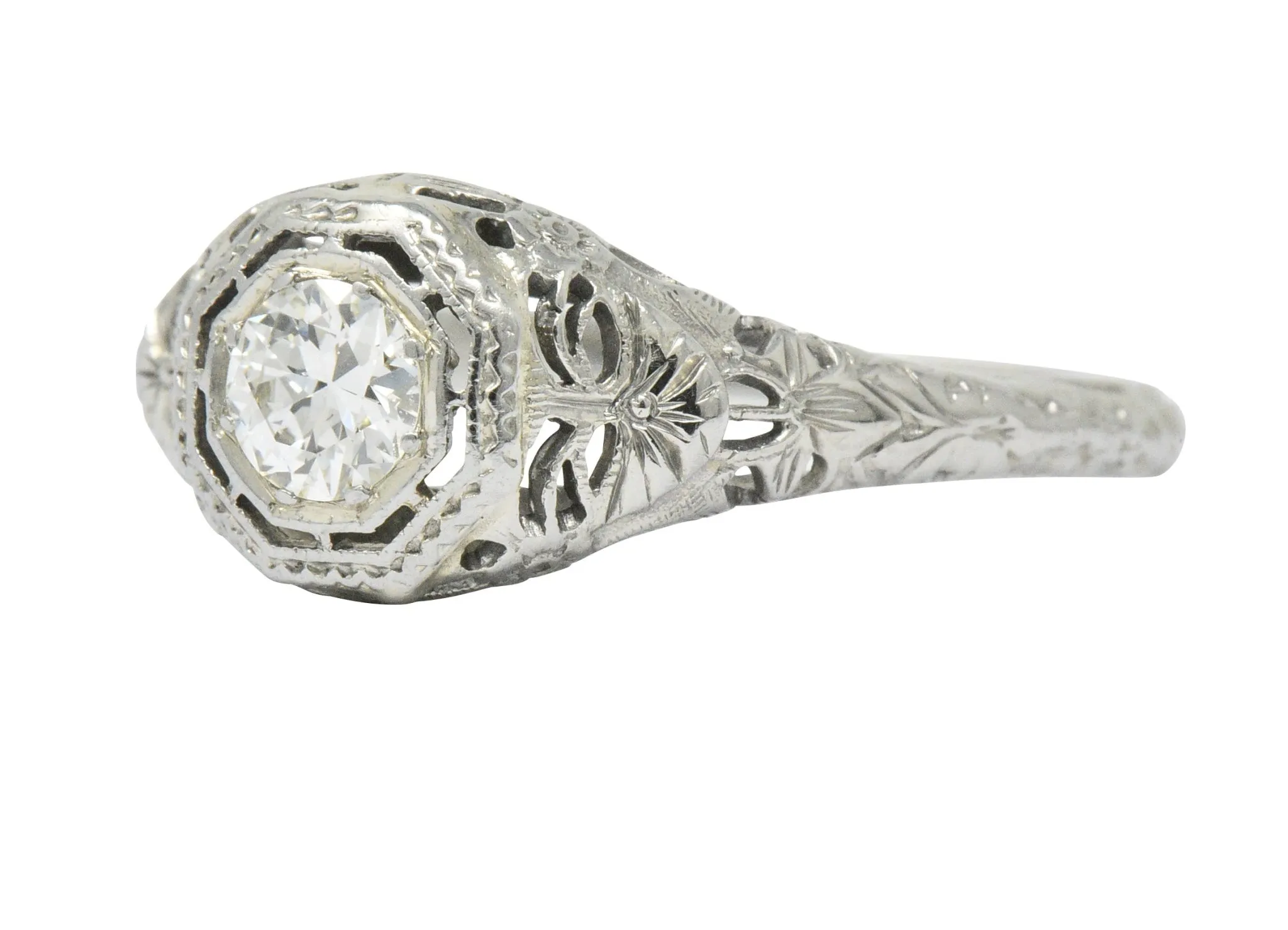 Art Deco 0.35 CTW Diamond 14 Karat White Gold Foliate Engagement Ring Circa 1930