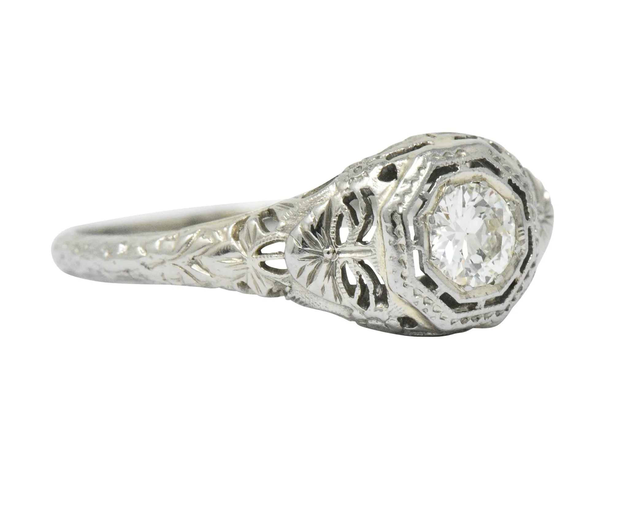 Art Deco 0.35 CTW Diamond 14 Karat White Gold Foliate Engagement Ring Circa 1930