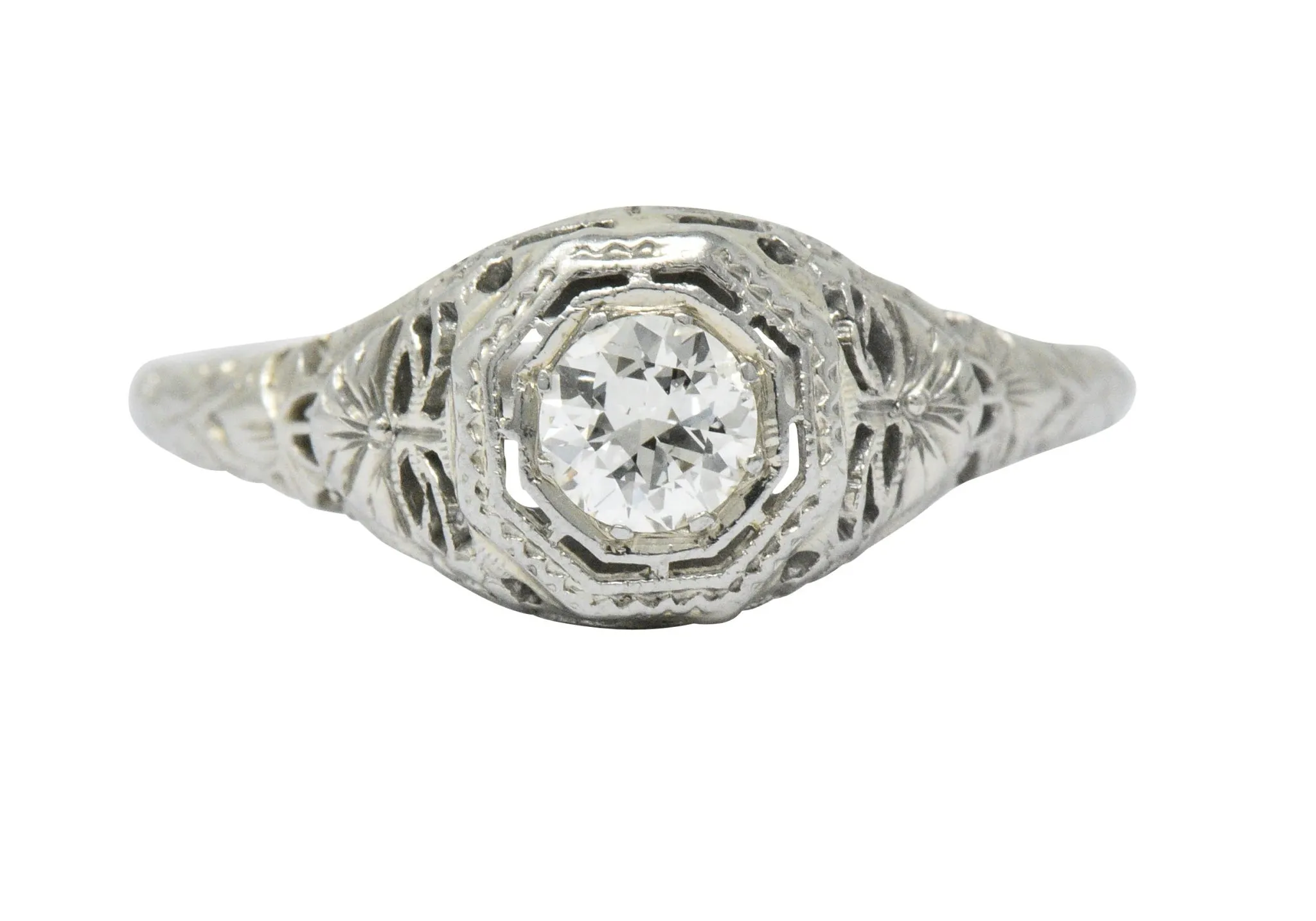 Art Deco 0.35 CTW Diamond 14 Karat White Gold Foliate Engagement Ring Circa 1930