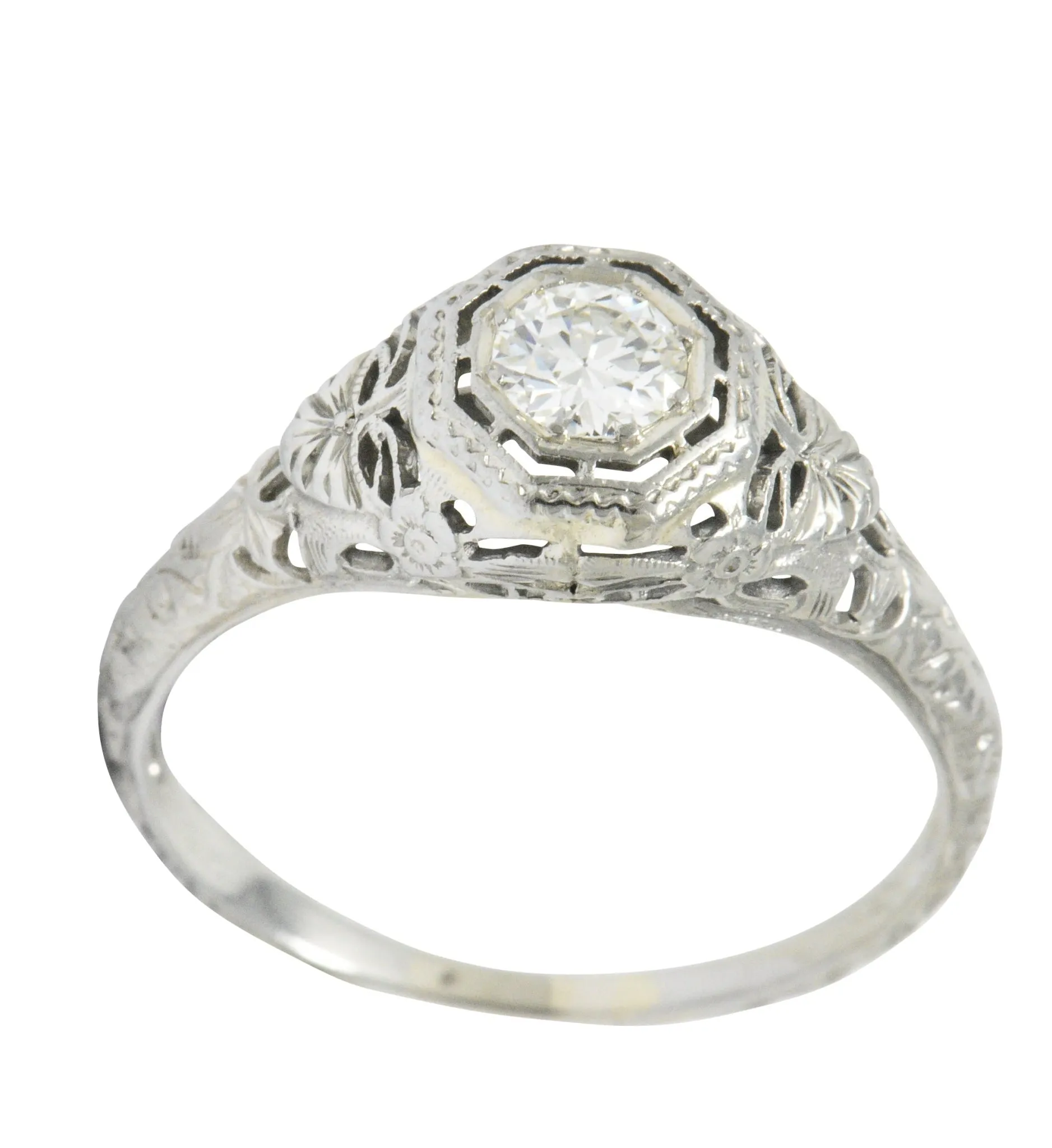 Art Deco 0.35 CTW Diamond 14 Karat White Gold Foliate Engagement Ring Circa 1930