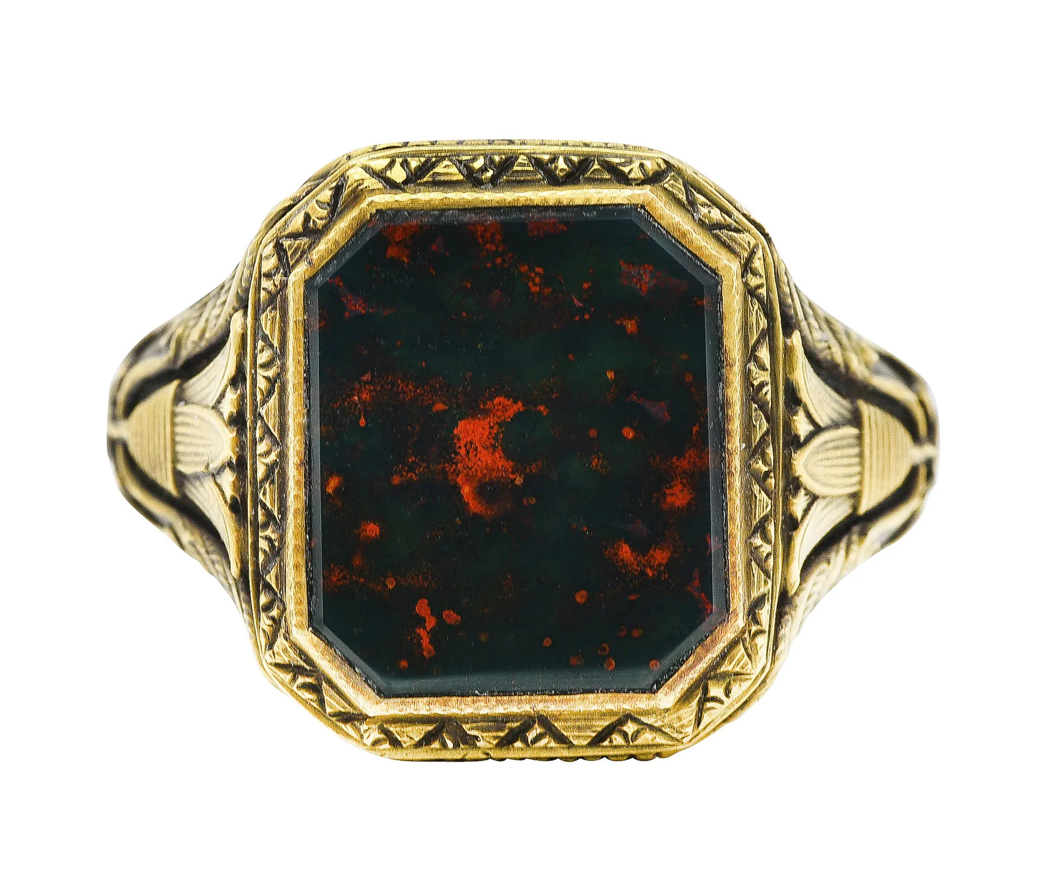 Art Deco 1930's Bloodstone 14 Karat Gold Lotus Unisex Signet Ring