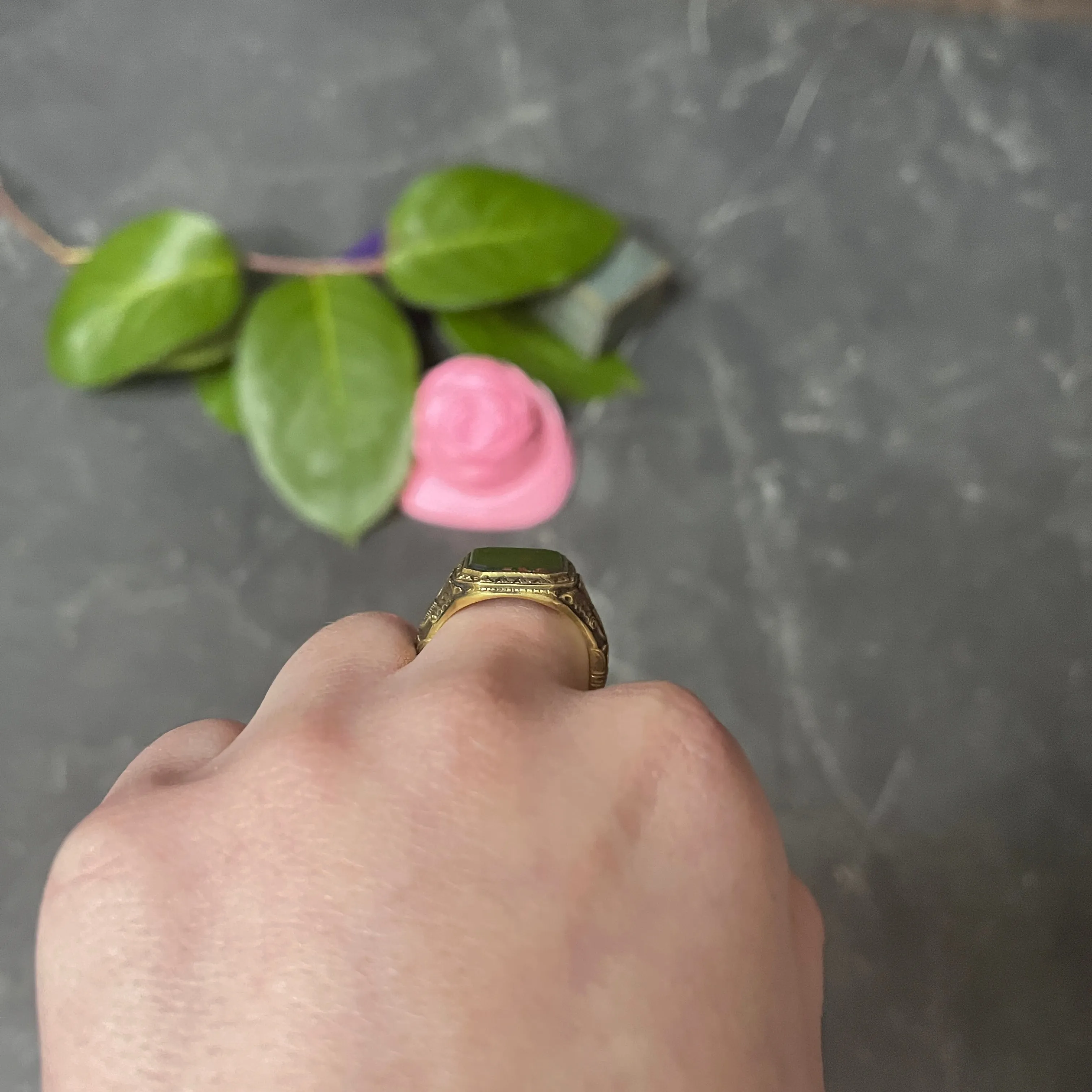 Art Deco 1930's Bloodstone 14 Karat Gold Lotus Unisex Signet Ring