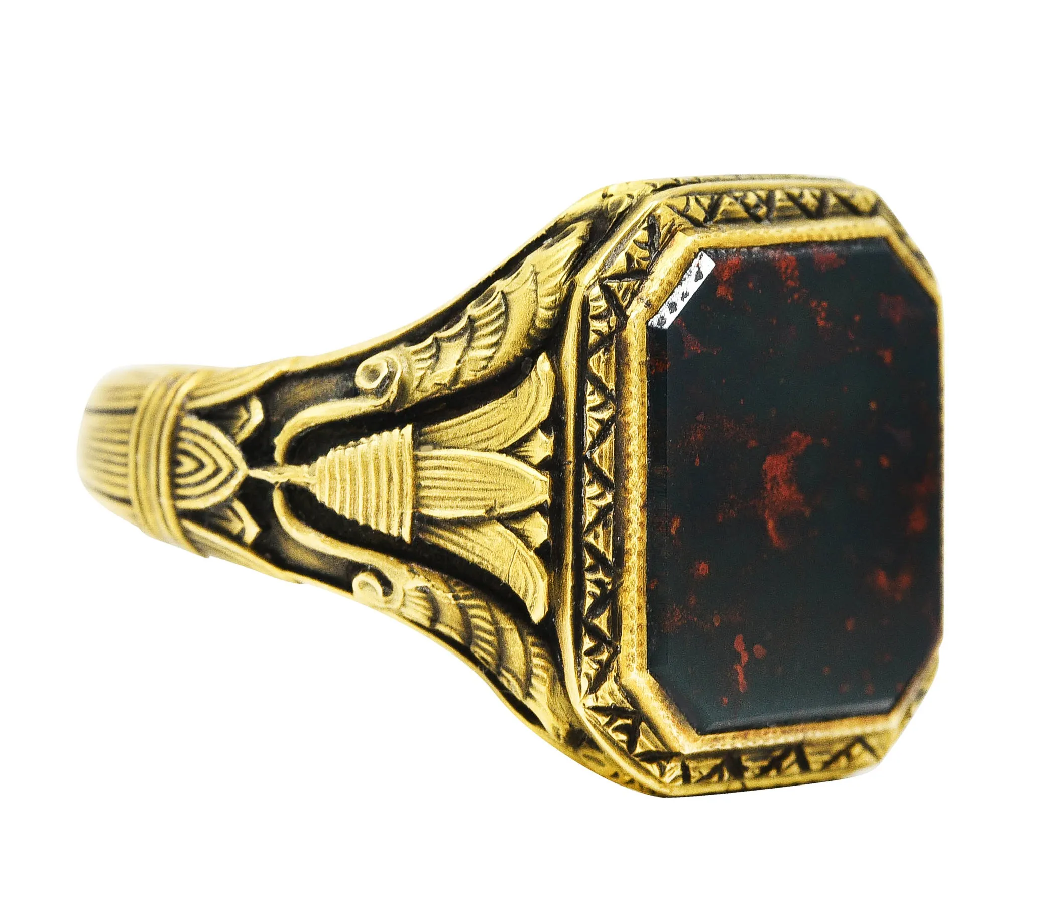 Art Deco 1930's Bloodstone 14 Karat Gold Lotus Unisex Signet Ring