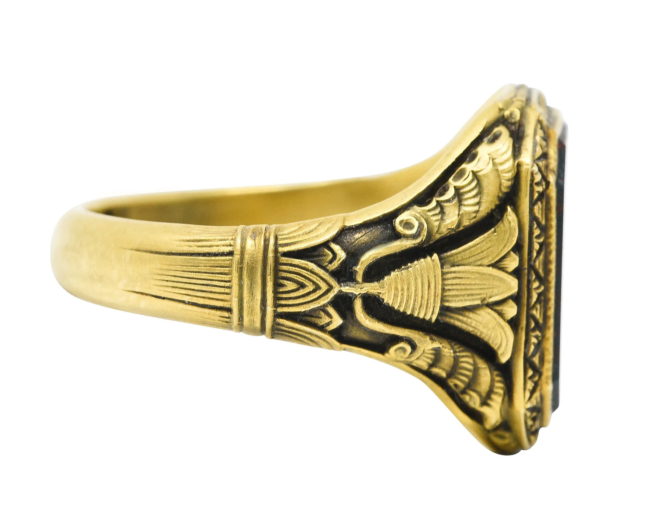 Art Deco 1930's Bloodstone 14 Karat Gold Lotus Unisex Signet Ring