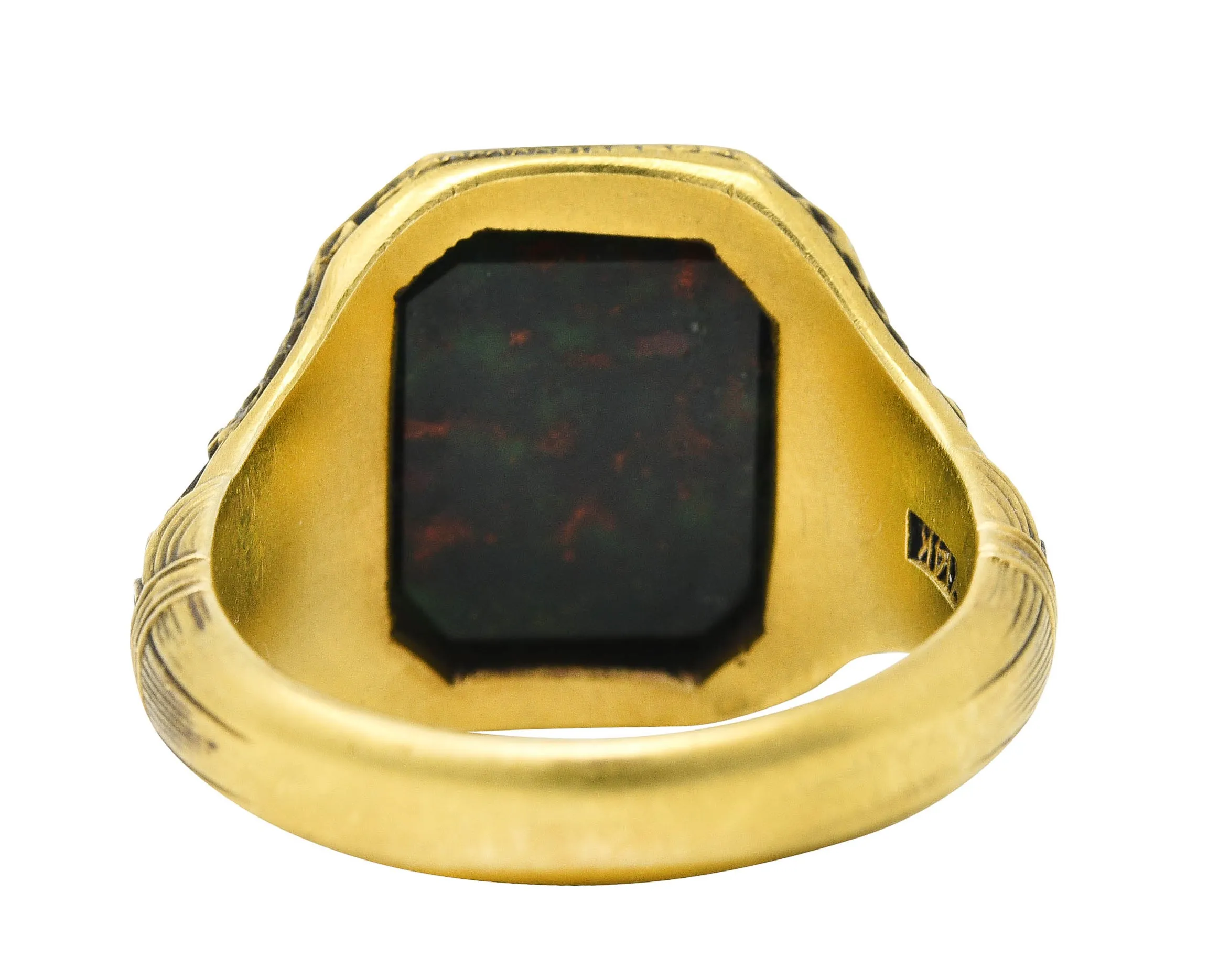 Art Deco 1930's Bloodstone 14 Karat Gold Lotus Unisex Signet Ring