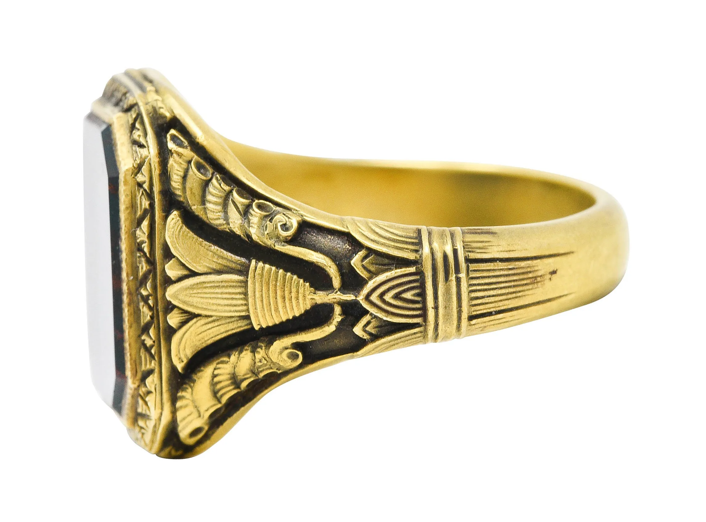 Art Deco 1930's Bloodstone 14 Karat Gold Lotus Unisex Signet Ring