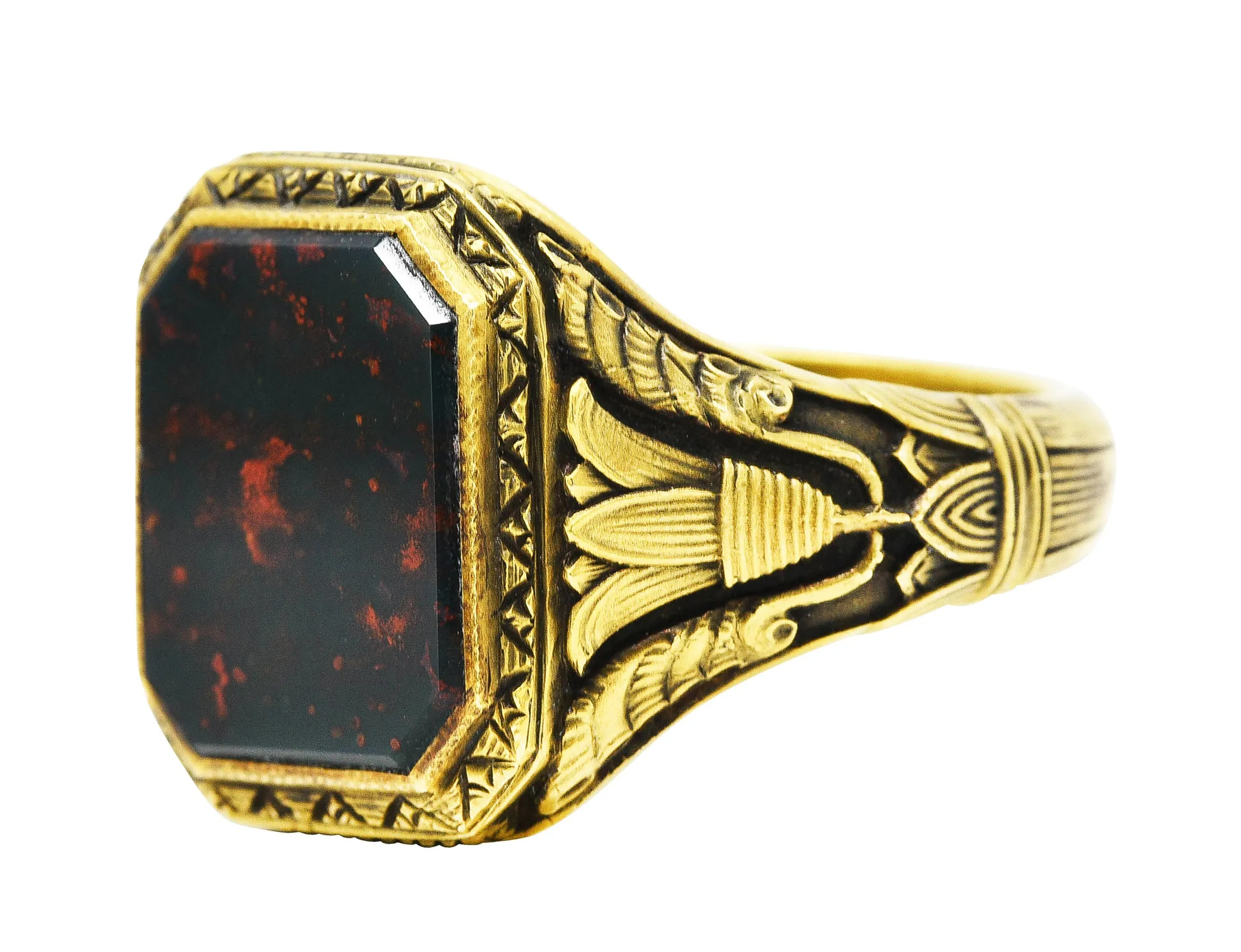 Art Deco 1930's Bloodstone 14 Karat Gold Lotus Unisex Signet Ring