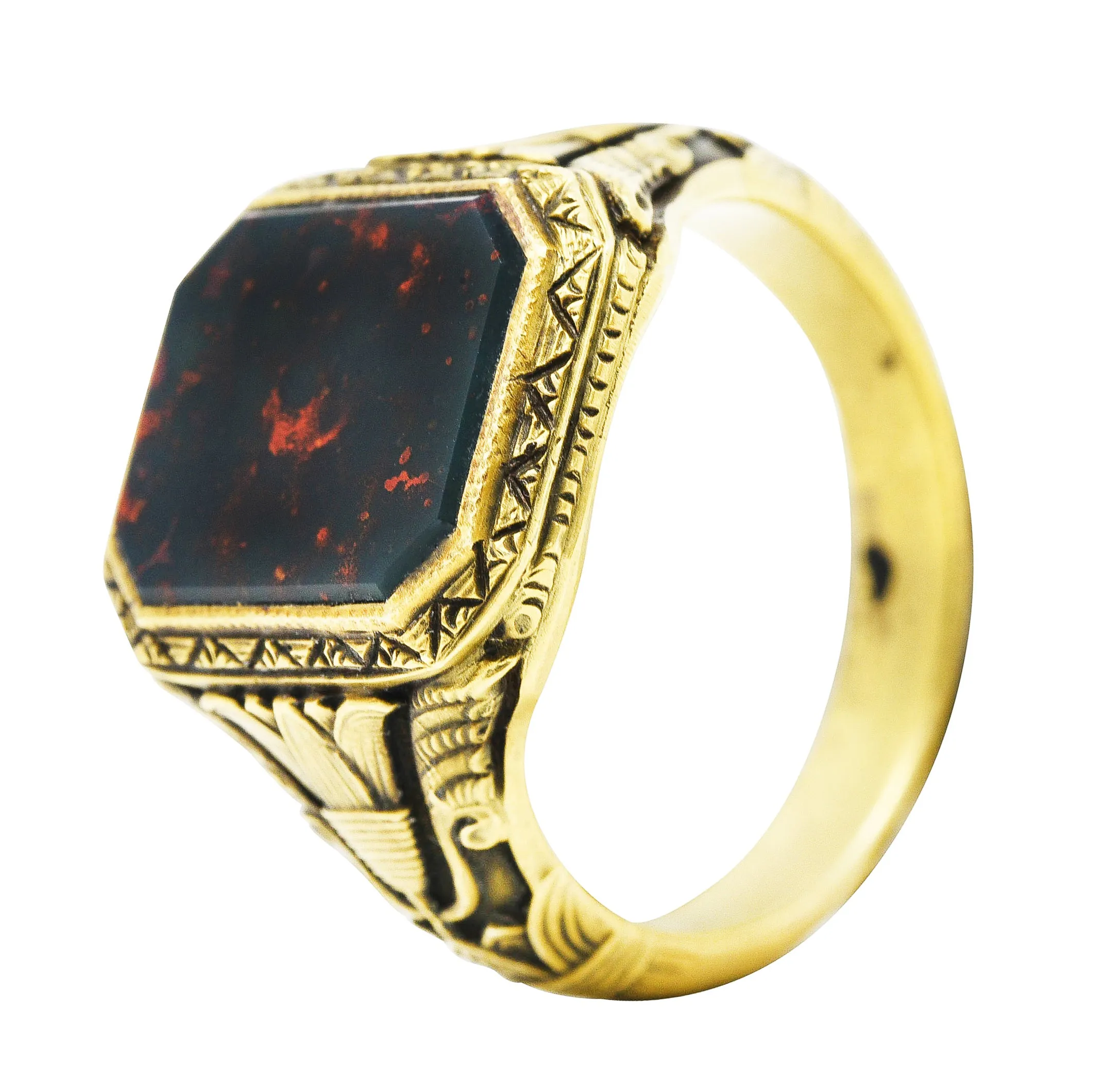 Art Deco 1930's Bloodstone 14 Karat Gold Lotus Unisex Signet Ring