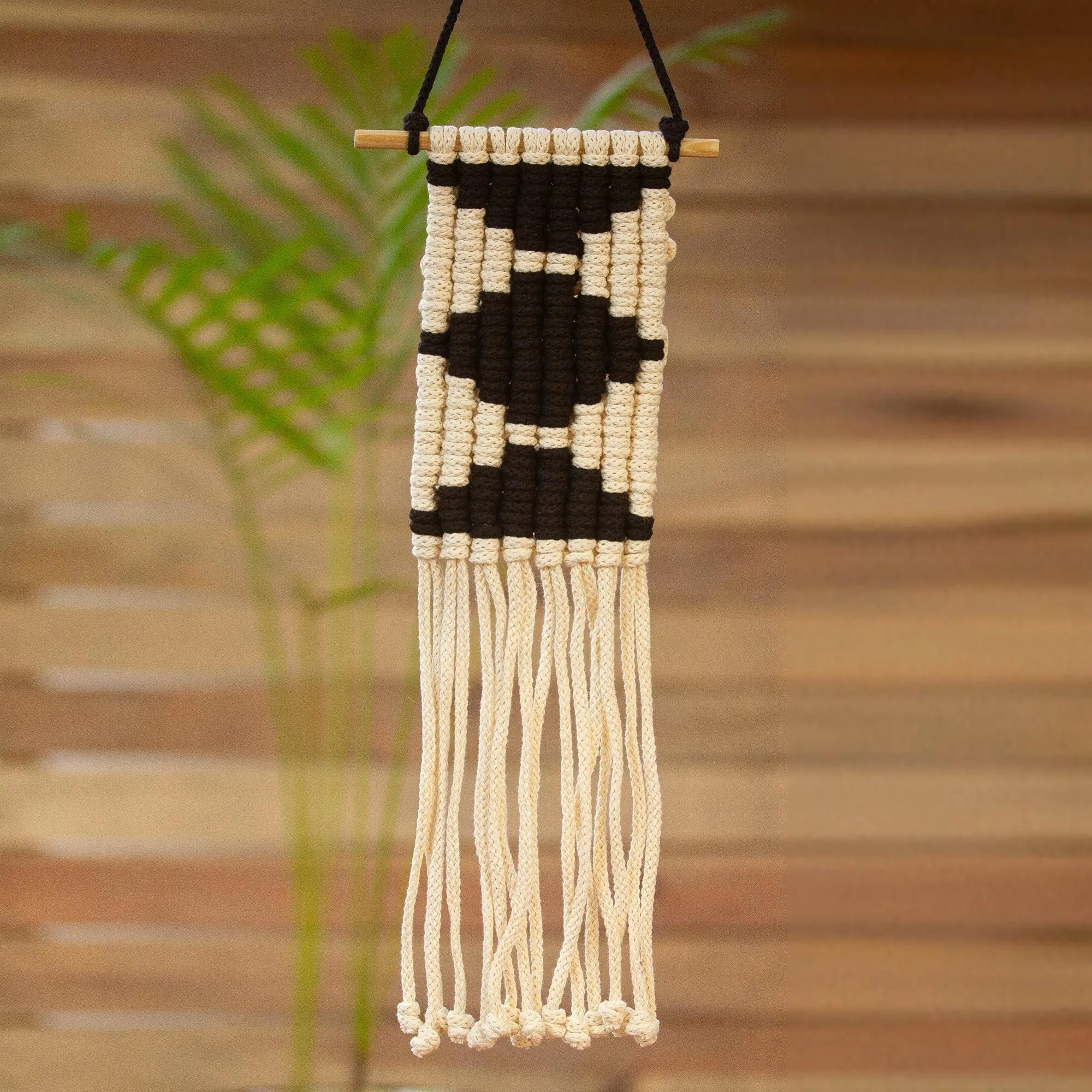 Artisanal Geometry in Black Cotton Wall Hanging with Black Diamond Motifs from Mexico