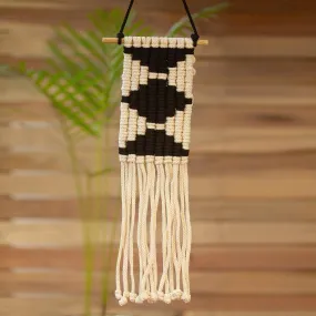 Artisanal Geometry in Black Cotton Wall Hanging with Black Diamond Motifs from Mexico