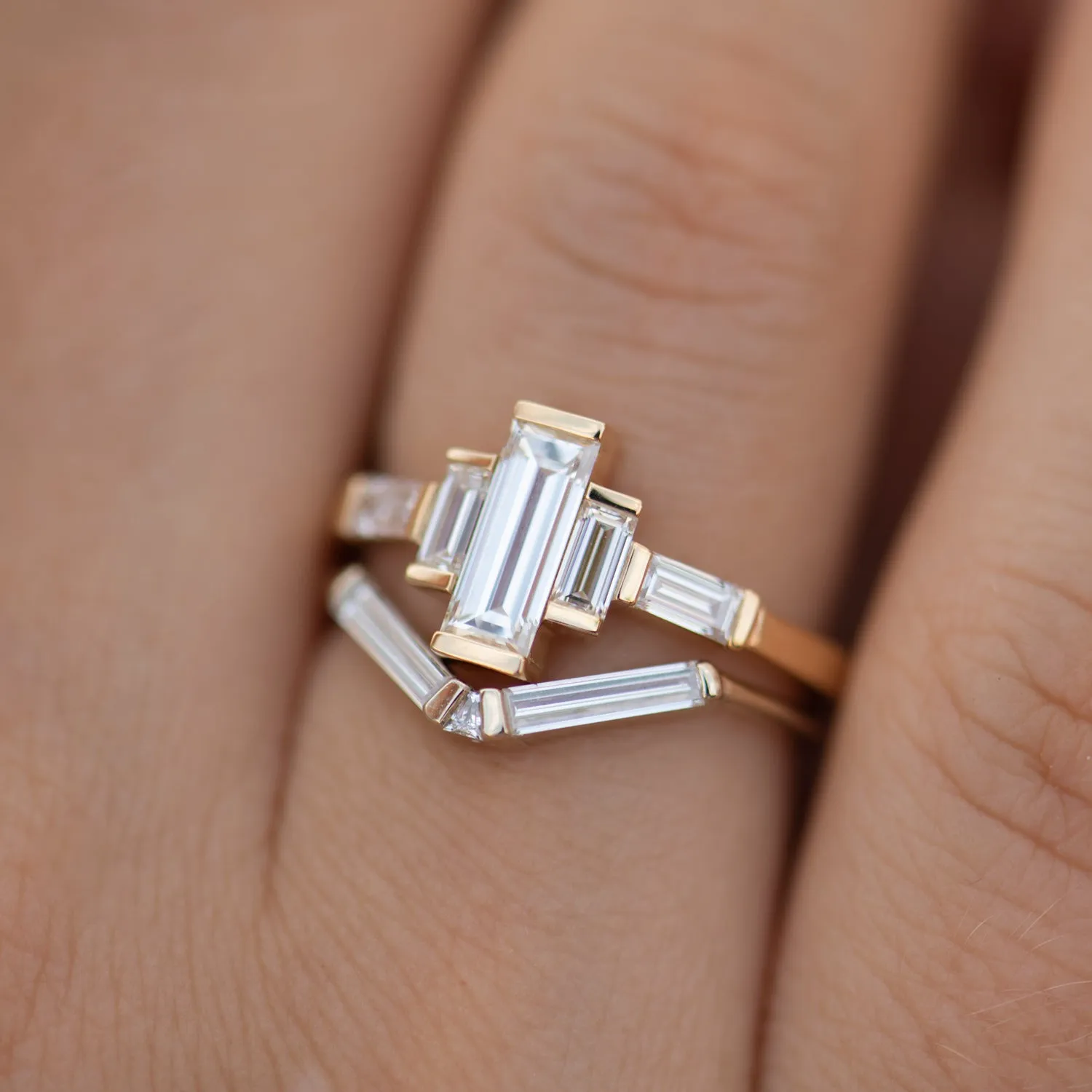 Baguette Diamond Engagement Ring with Golden Framework