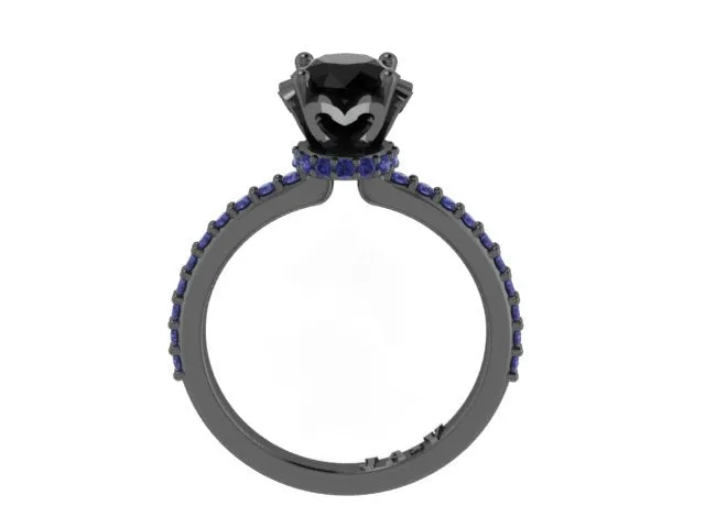 Black Diamond Blue Sapphire Engagement Ring Wedding Ring 14K Black Gold Wedding Ring with 1.15ct Round Natural Black Diamond Cen