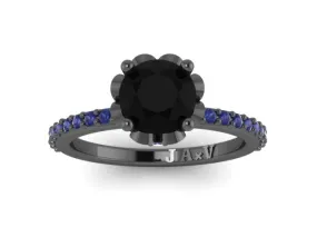 Black Diamond Blue Sapphire Engagement Ring Wedding Ring 14K Black Gold Wedding Ring with 1.15ct Round Natural Black Diamond Cen