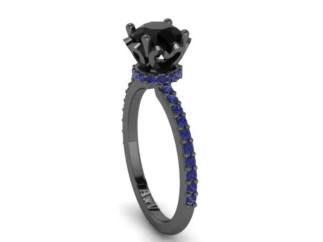 Black Diamond Blue Sapphire Engagement Ring Wedding Ring 14K Black Gold Wedding Ring with 1.15ct Round Natural Black Diamond Cen