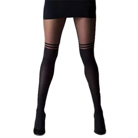 Black Sexy Women Temptation Sheer Mock Suspender Tights Cool Mock Over The Knee Double Stripe Sheer Tights Pantyhose Stockings S