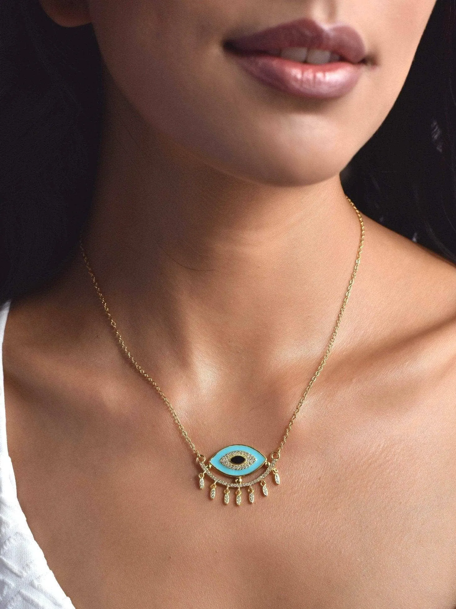 Blue Evil Eye Pendant With Gold Chain