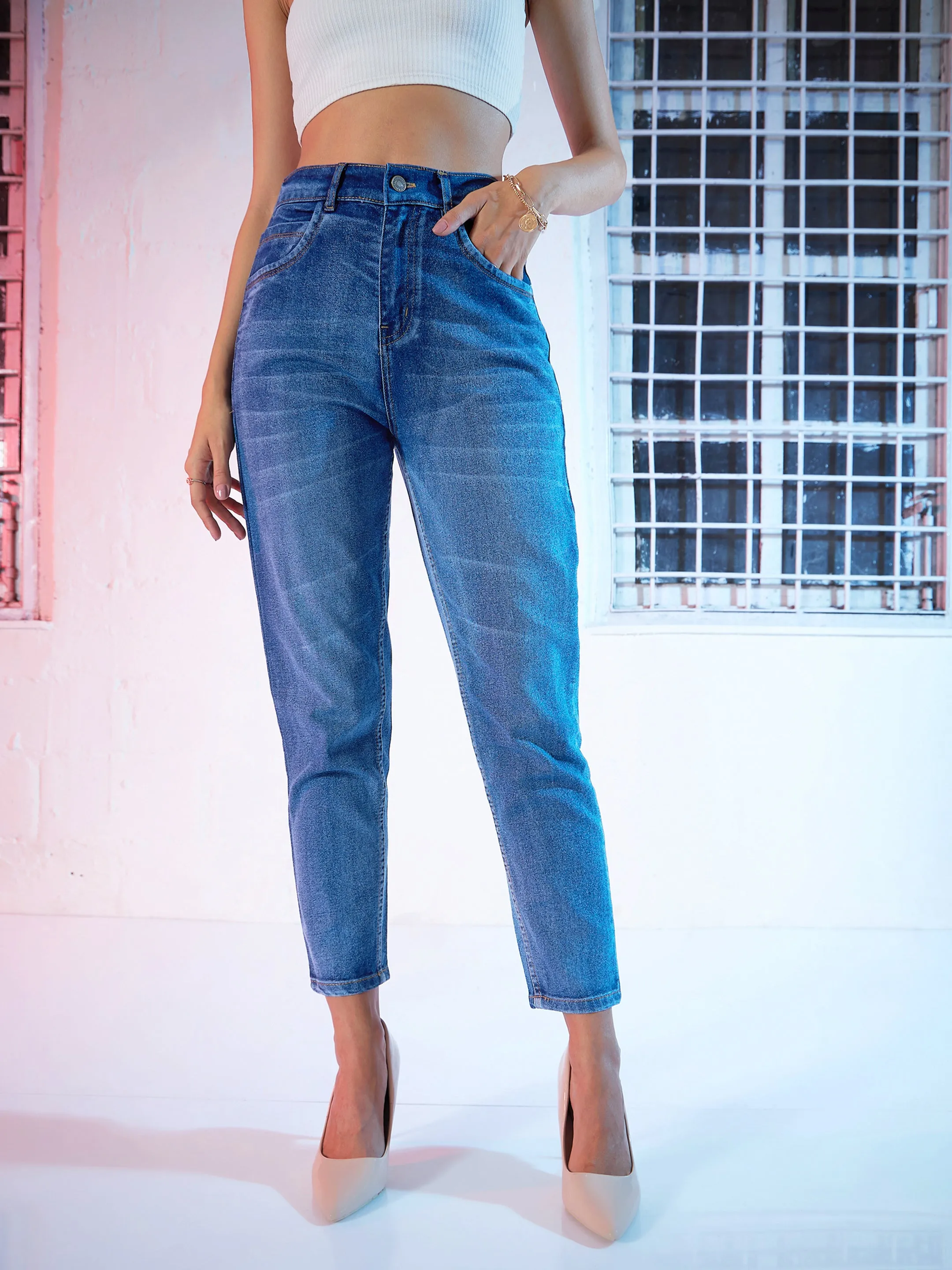 Blue High Waist Basic Jeans