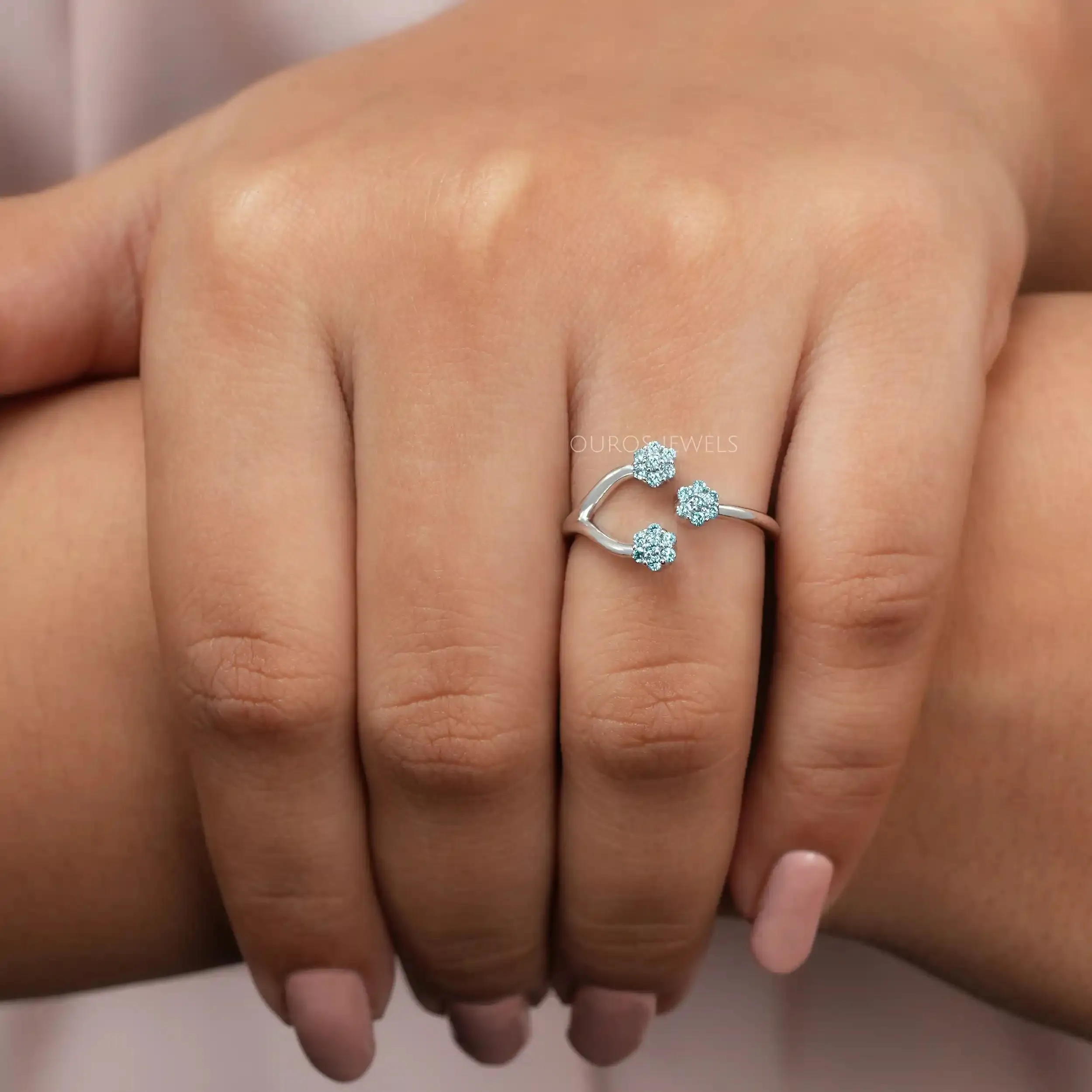 Blue Round Cut Lab Grown Diamond Open Cuff Dainty Ring