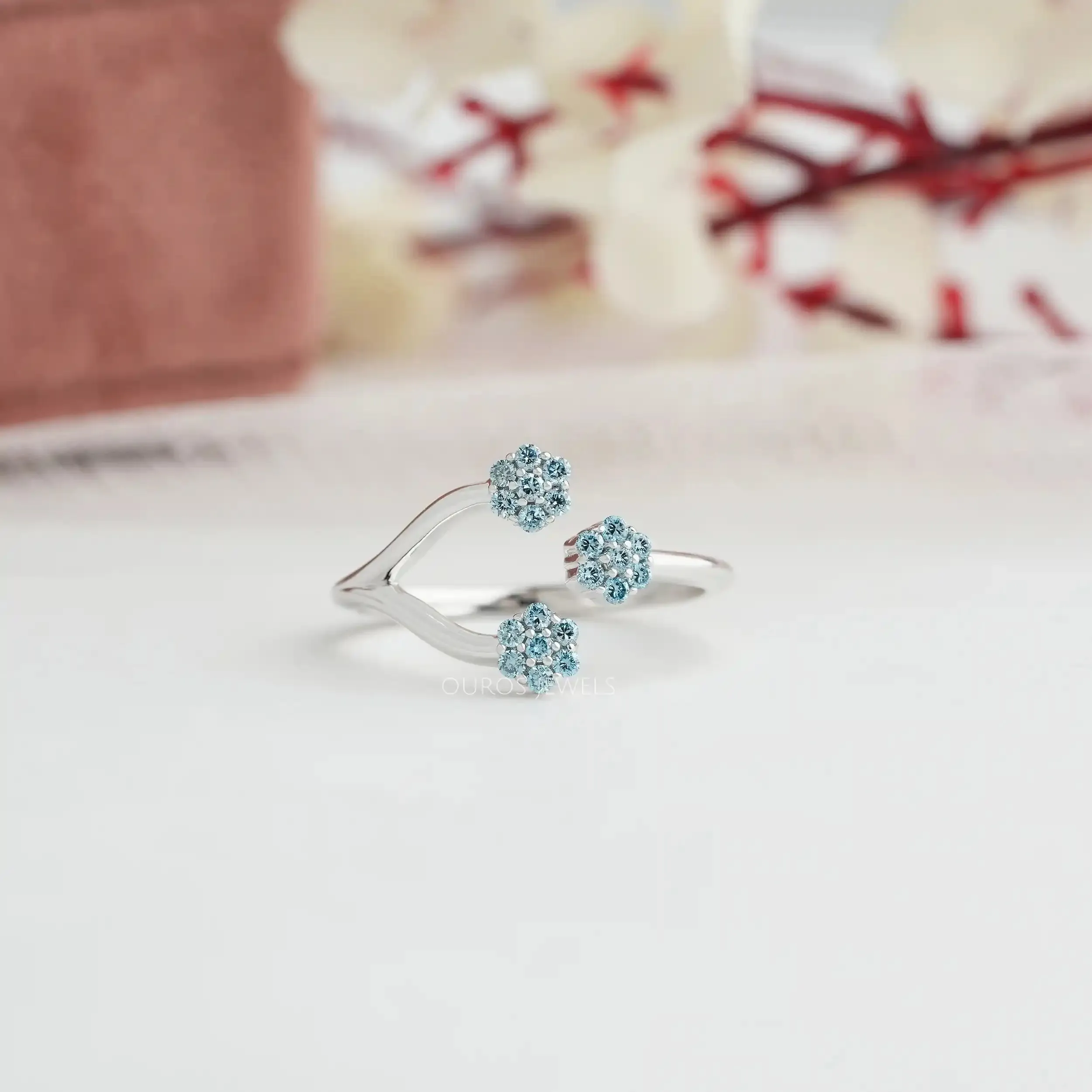 Blue Round Cut Lab Grown Diamond Open Cuff Dainty Ring