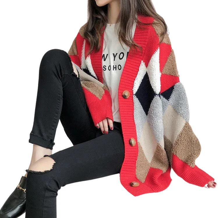 Casual V-neck Argyle Cardigans Womens Girls Korean England K-pop Style Winter Cozy Warm Loose fit Sweaters Tops Knit