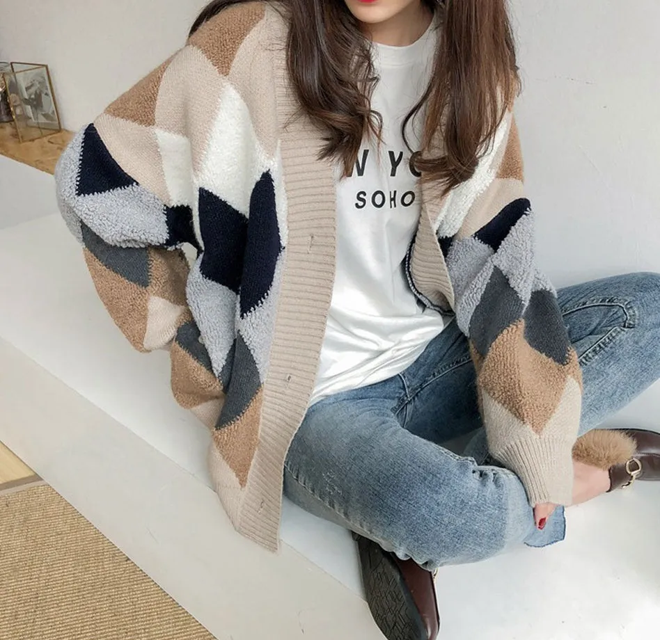 Casual V-neck Argyle Cardigans Womens Girls Korean England K-pop Style Winter Cozy Warm Loose fit Sweaters Tops Knit