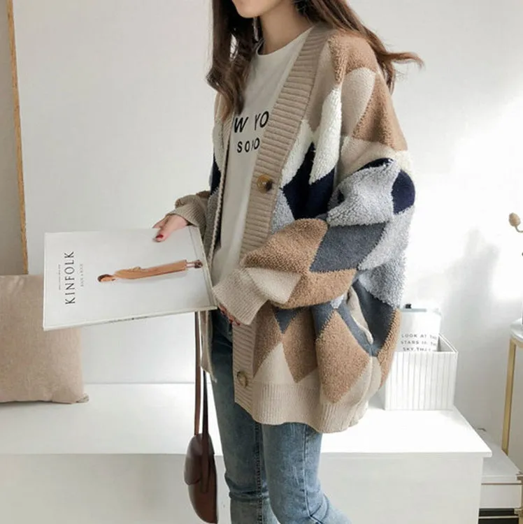 Casual V-neck Argyle Cardigans Womens Girls Korean England K-pop Style Winter Cozy Warm Loose fit Sweaters Tops Knit