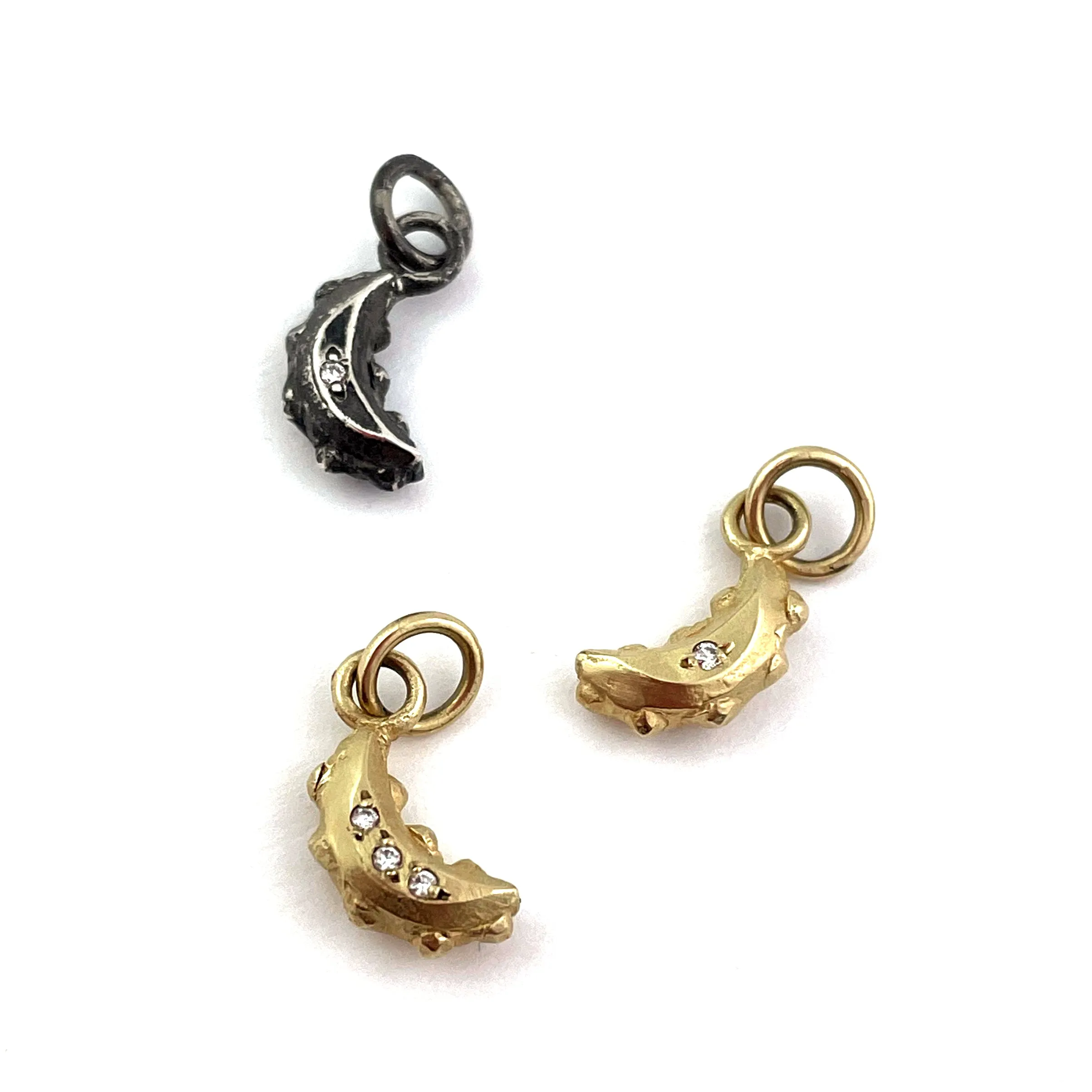 Crescent Moon Two White Diamonds - 14k Gold