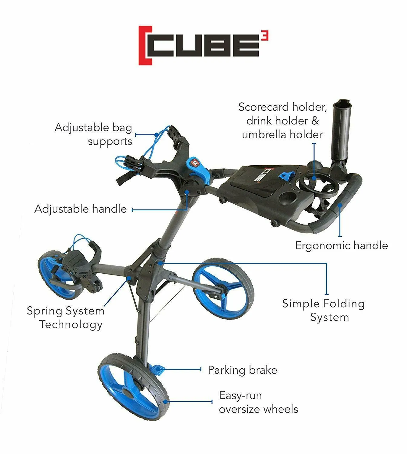 Cube 3 Wheel Compact Golf Push Cart with Umbrella Holder