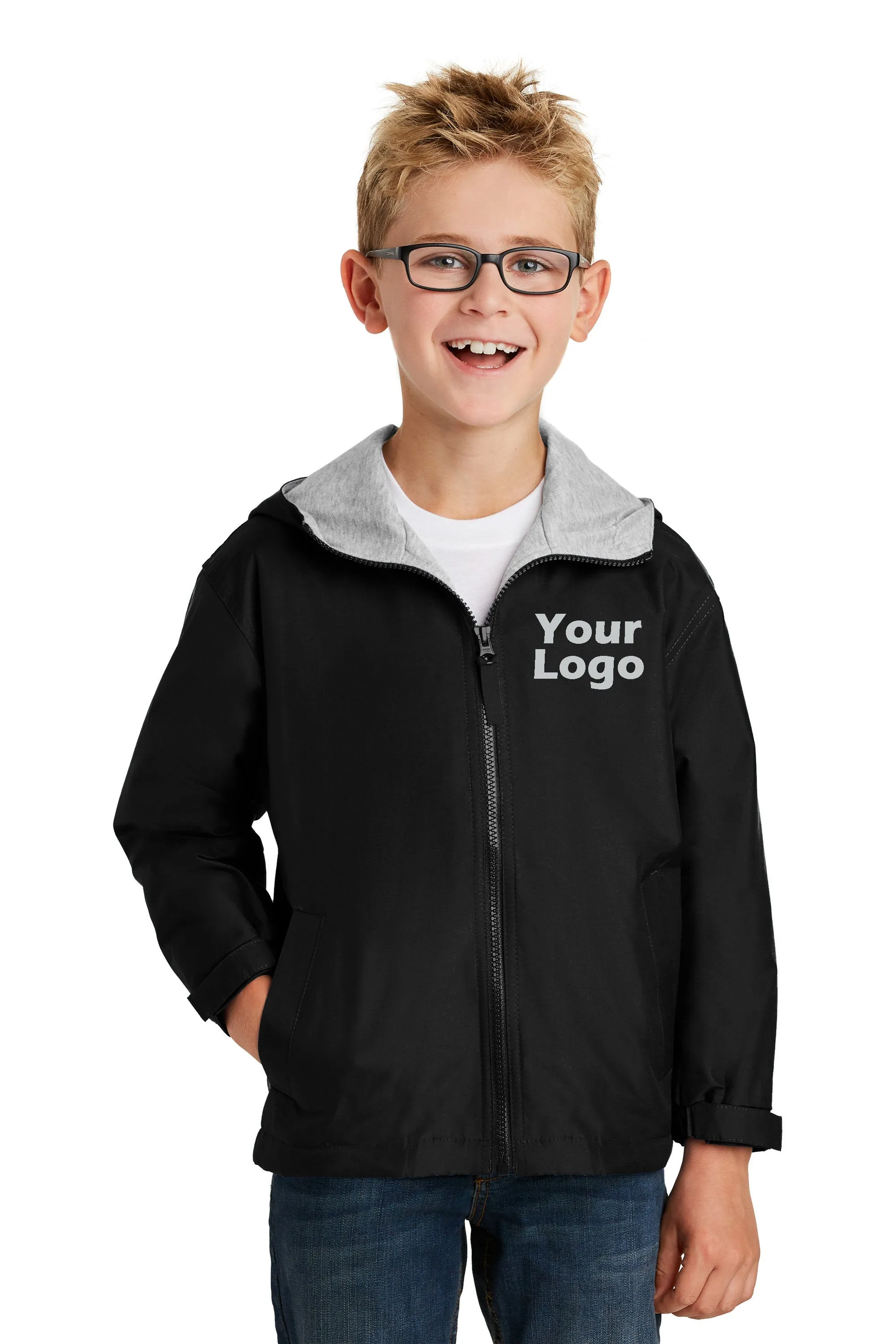 Custom Embroider Youth Team Jacket - Nylon Wind and Water Resistant Outer Shell with Comfy Sweatshirt Fabric Body and Hood Linin