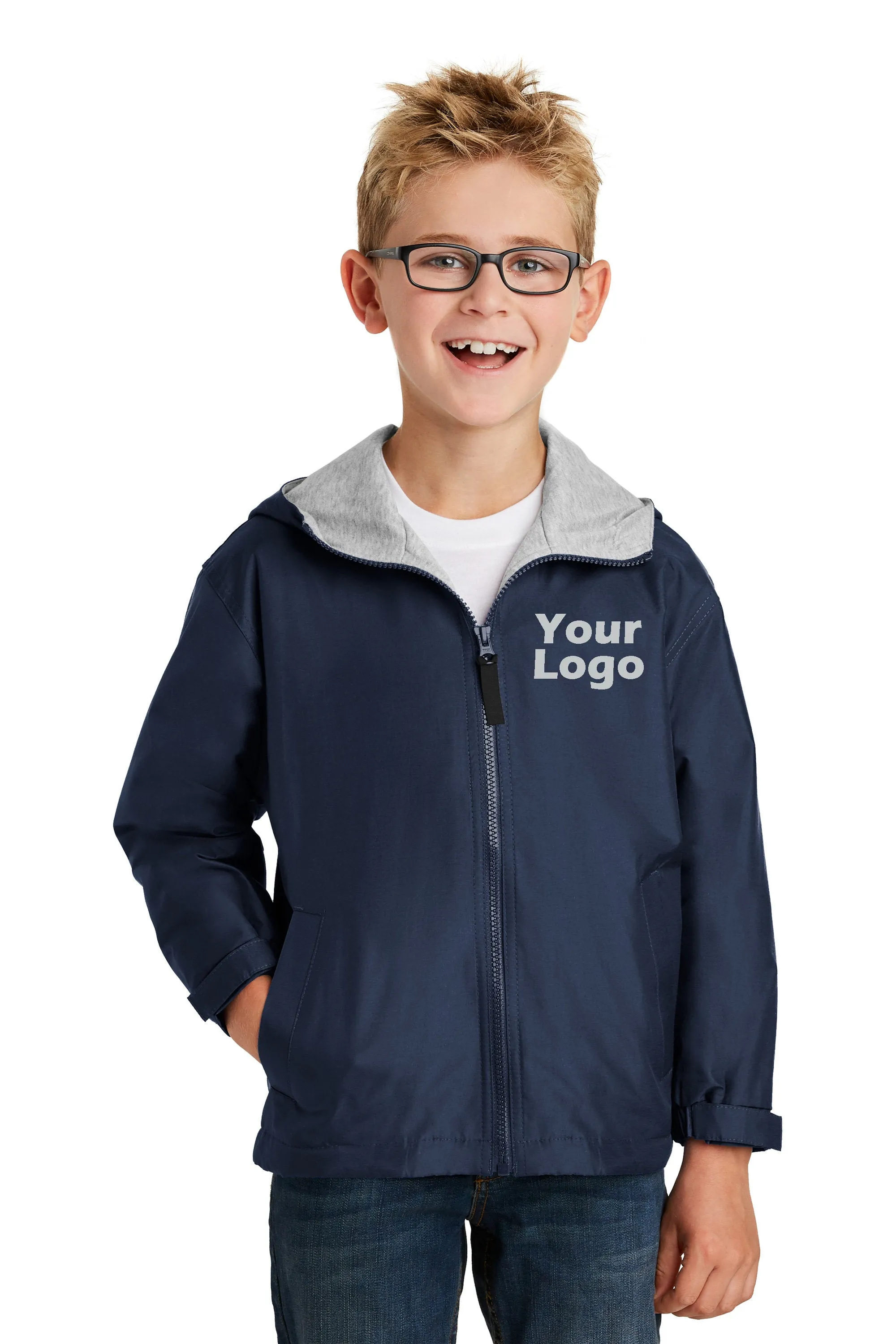 Custom Embroider Youth Team Jacket - Nylon Wind and Water Resistant Outer Shell with Comfy Sweatshirt Fabric Body and Hood Linin