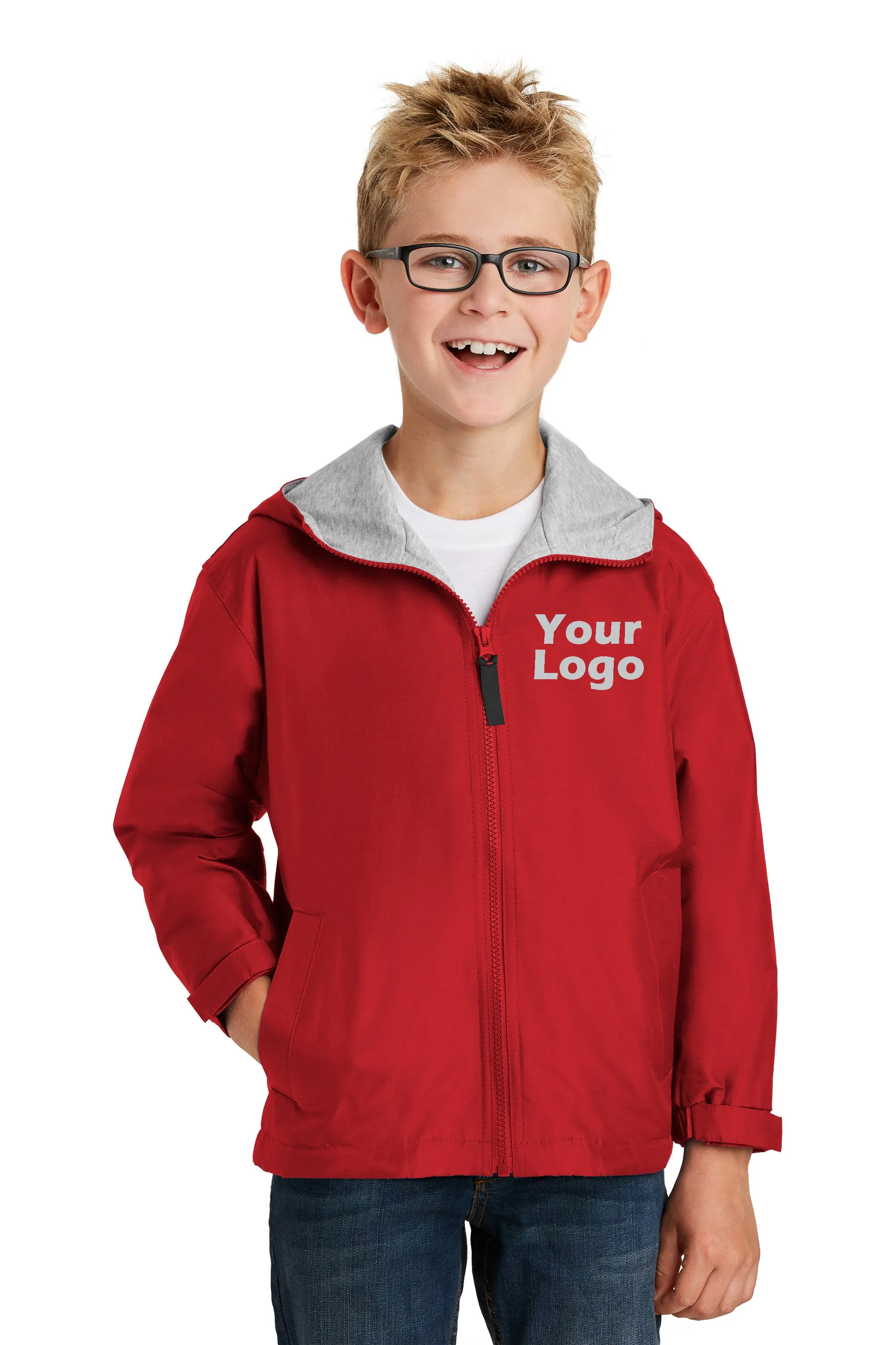 Custom Embroider Youth Team Jacket - Nylon Wind and Water Resistant Outer Shell with Comfy Sweatshirt Fabric Body and Hood Linin