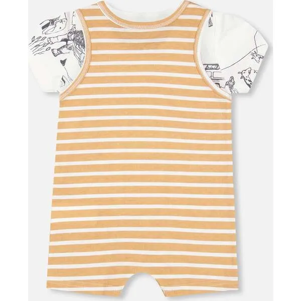 Deux par Deux Organic Cotton Onesie And Shortall Set, Sand Stripe