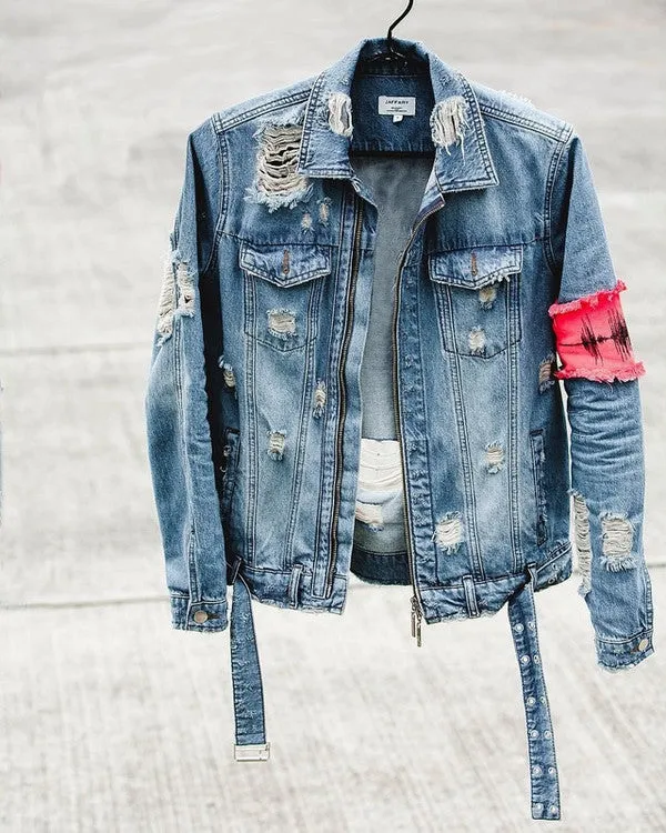 Embroidered Distressed Denim Jacket