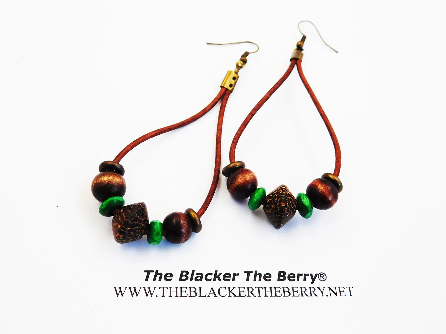 Ethnic Earrings Leather Beaded Wooden Green