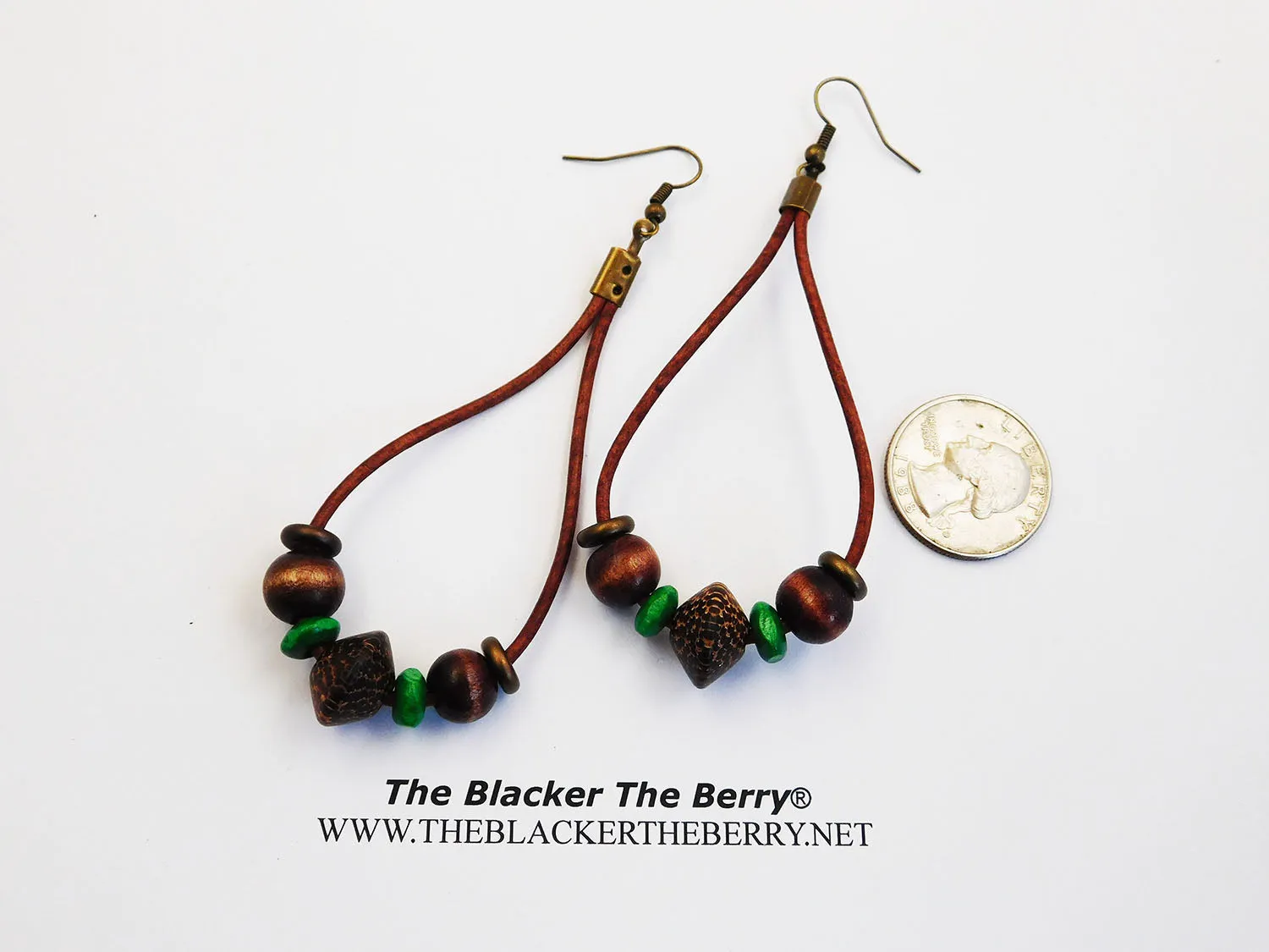 Ethnic Earrings Leather Beaded Wooden Green