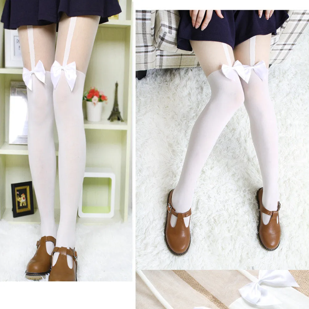 Feida Vintage Pantyhose Tights Bow Tattoo Mock Bow Suspender Sheer Stockings White Collant medias pantis woman