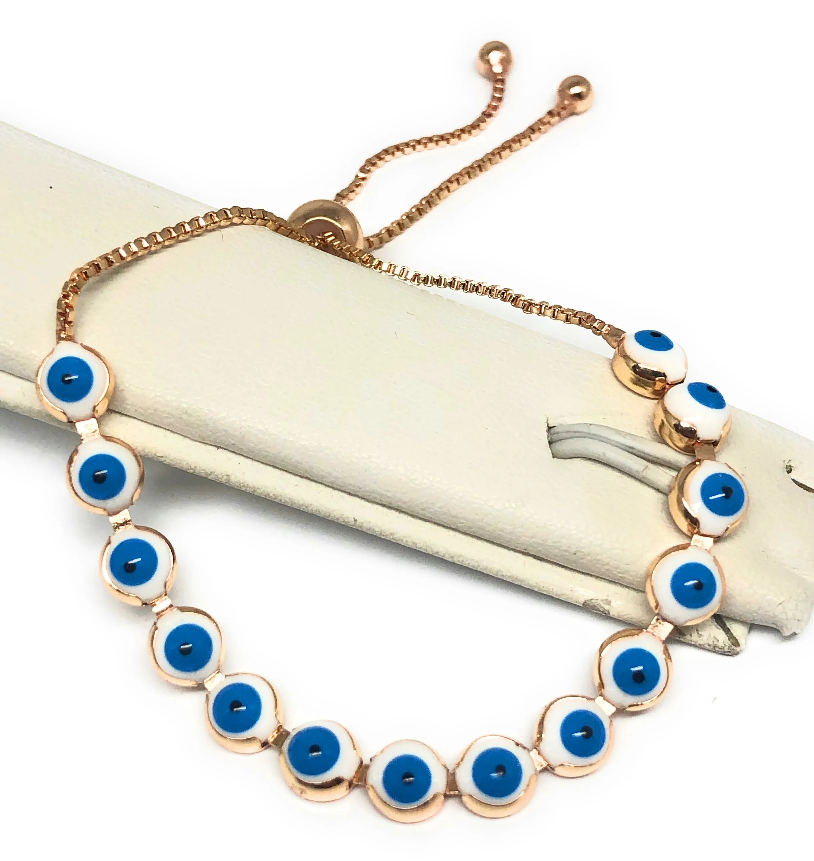 Gold Plated Evil Eye WHITE & BLUE Bracelet 8-10 inch