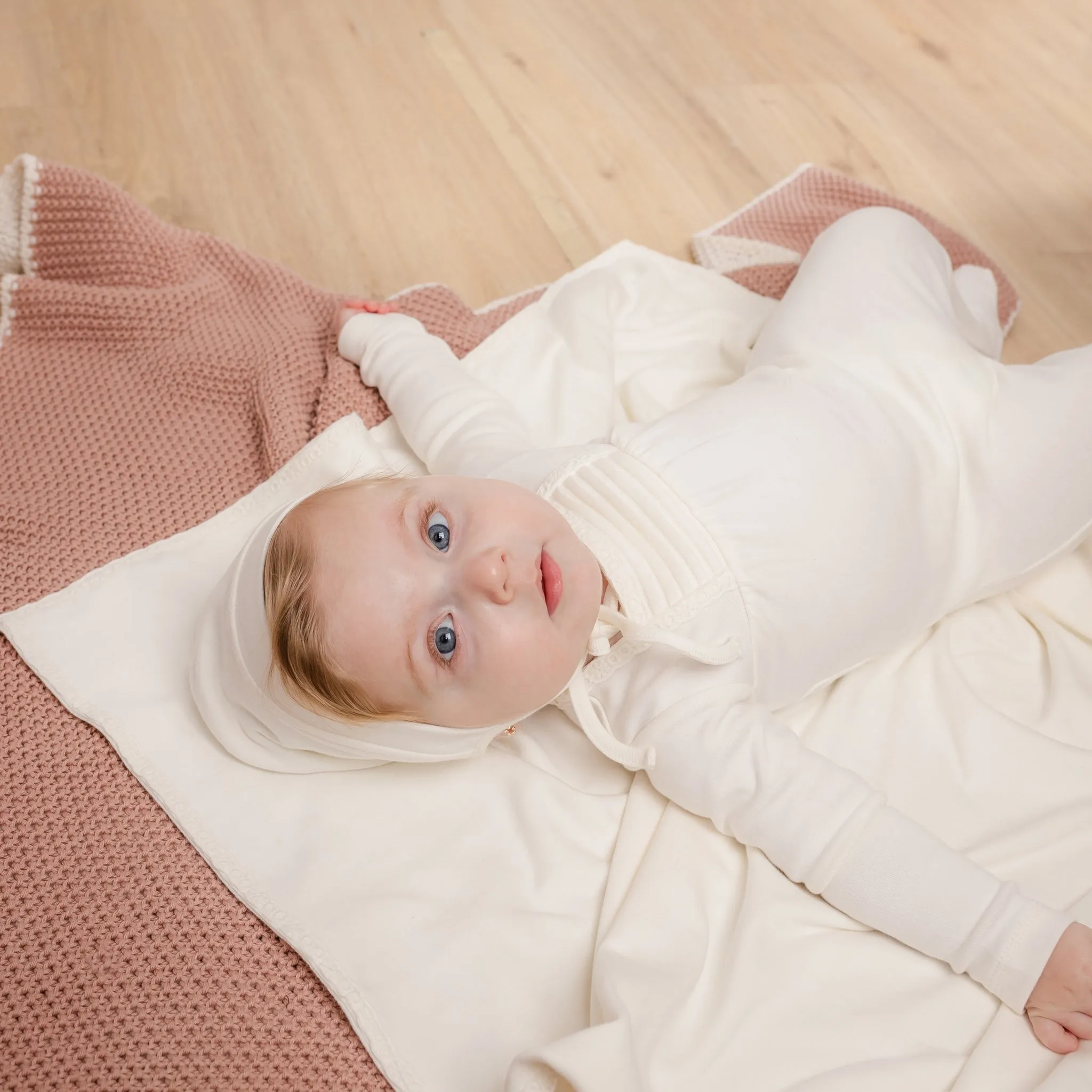 Mabel Bebe Pearl White Pleat Stretchie and Bonnet